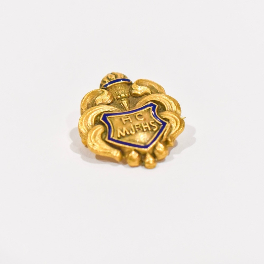 Vintage 1935 Lambert Bros Class Pin Gold Tone Blue Enamel HC MJHS Academic Award